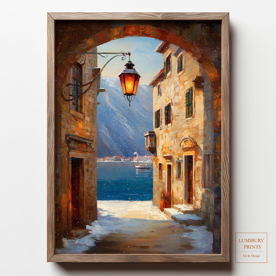 Snowy European Lakeside Village Archway Winter Evening Art Print