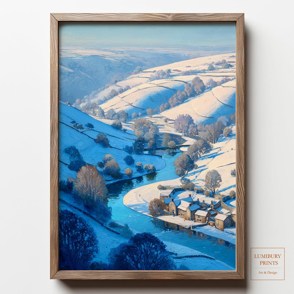 Winter Landscape Wall Art Mountain Painting Snowy Village Print River Instant
