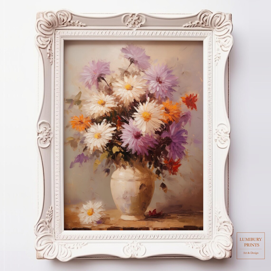 Purple and White Chrysanthemum Bouquet in Vase Floral Oil Painting Poster