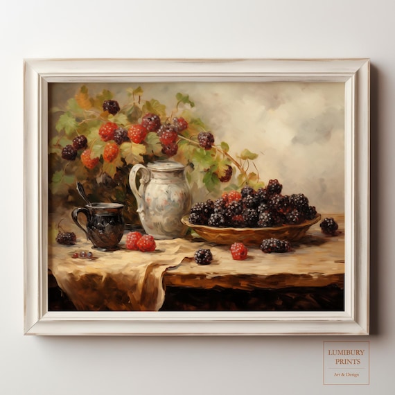 Vintage Blackberry Raspberry Still Life Rustic Table Painting Poster