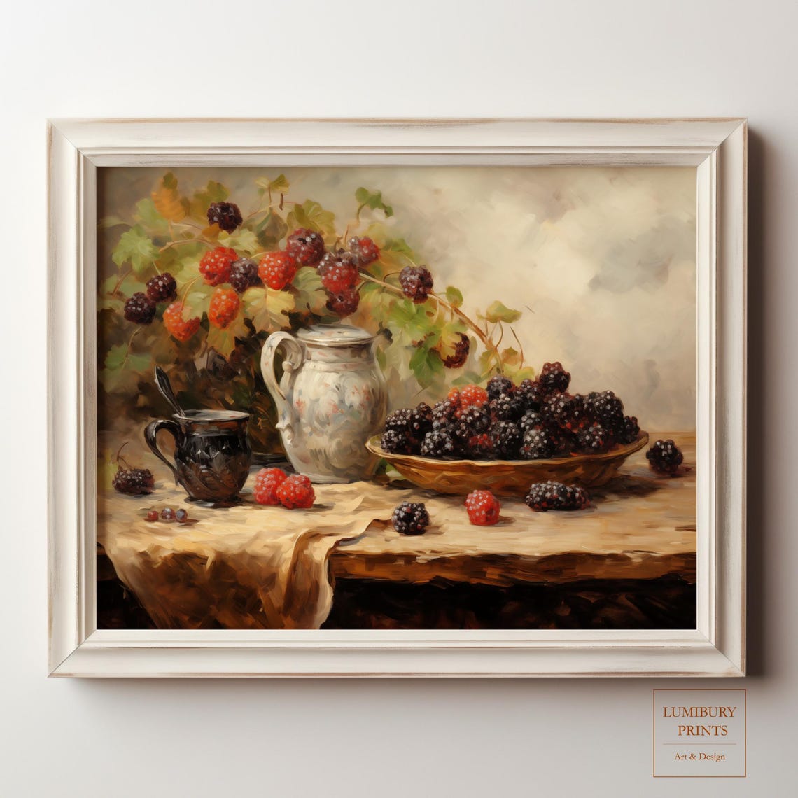 Vintage Blackberry Raspberry Still Life Rustic Table Painting Poster