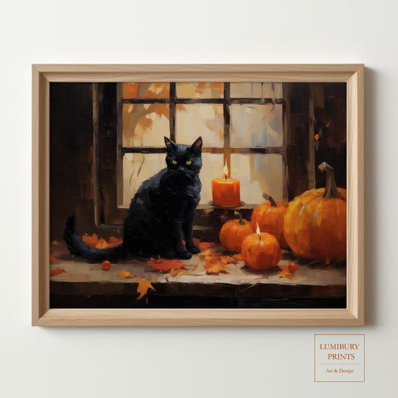 Halloween Black Cat Poster Pumpkin Wall Art Decor Candle Spooky Vintage Print Instant