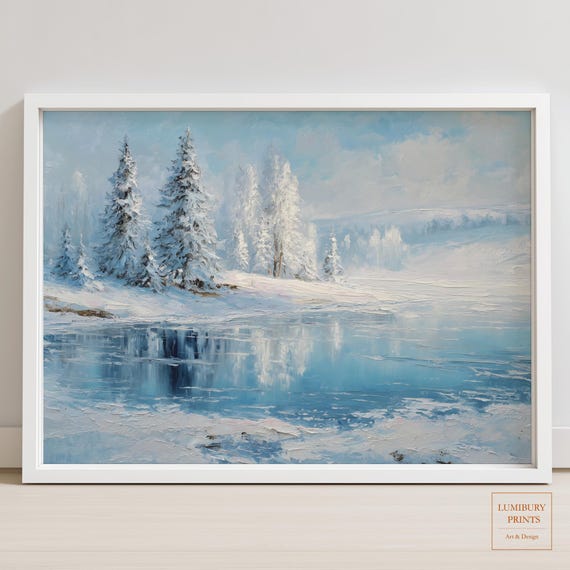 Winter Lake Landscape Print Pine Tree Snowy Mountain Painting Instant