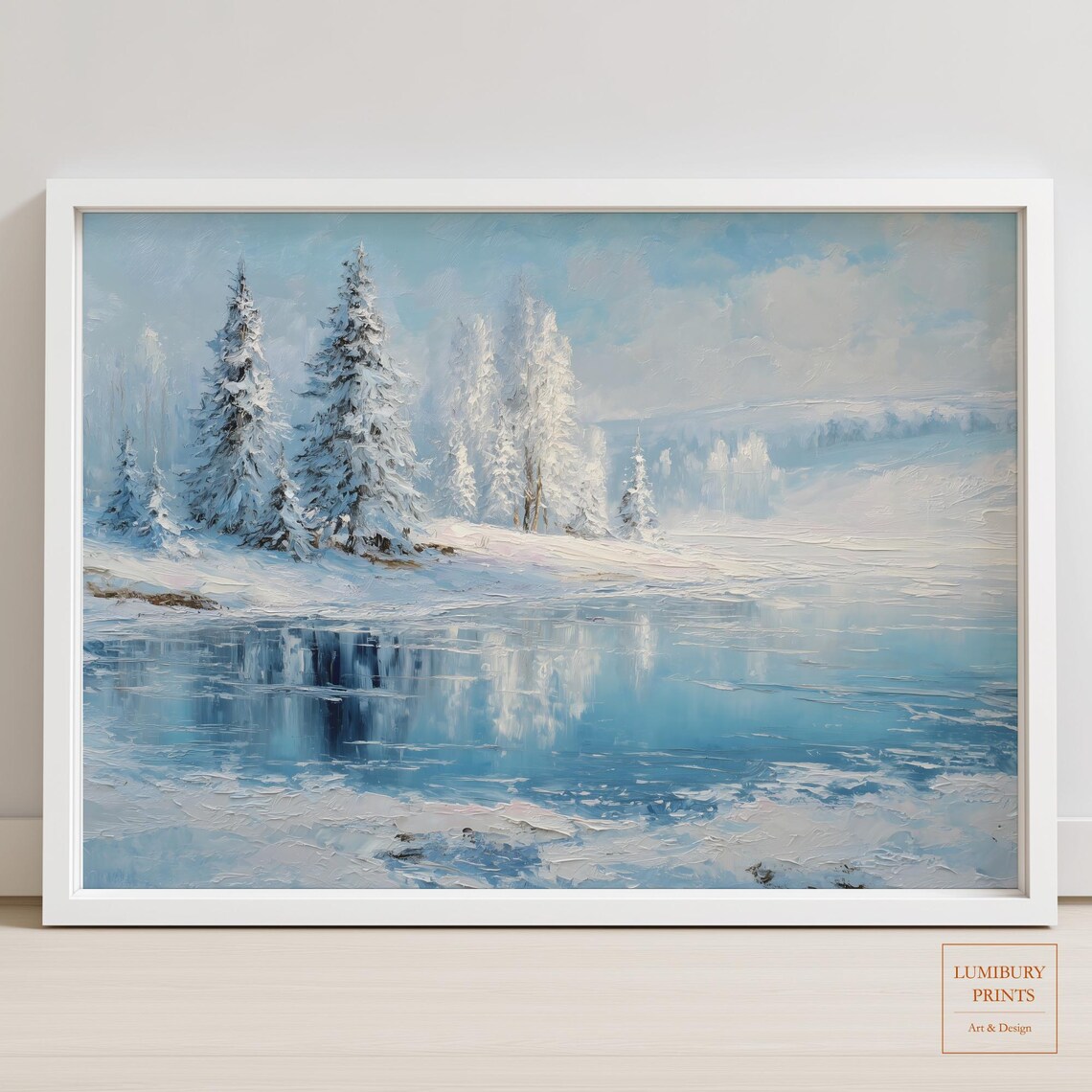 Winter Lake Snowscape With Pine Trees Oil Painting Style Poster