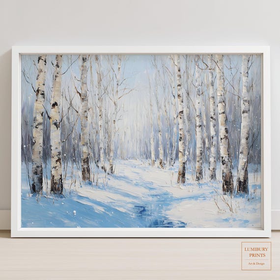 Winter Forest Wall Art Birch Tree Print Landscape Painting Rustic Snowy Scene Instant