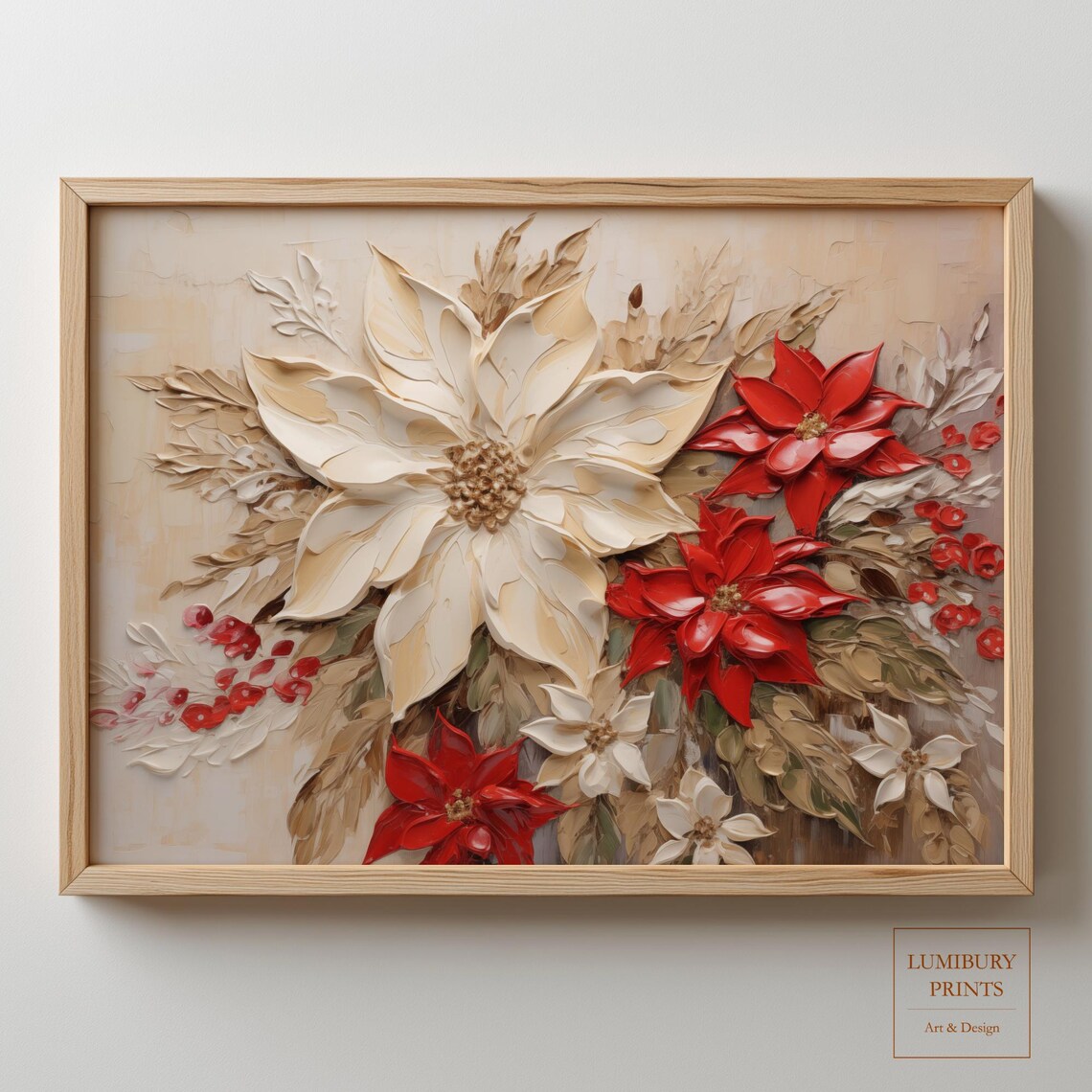 White and Red Poinsettia Impasto Oil Christmas Floral Poster