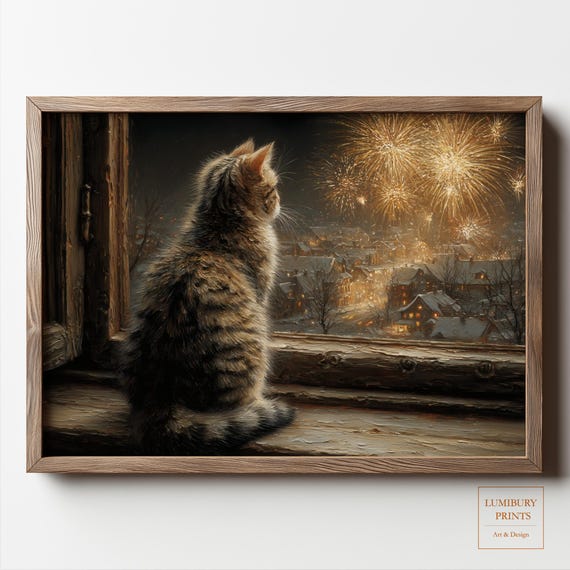 Winter Cat Wall Art Snowy Village Print Firework New Year Decor Instant