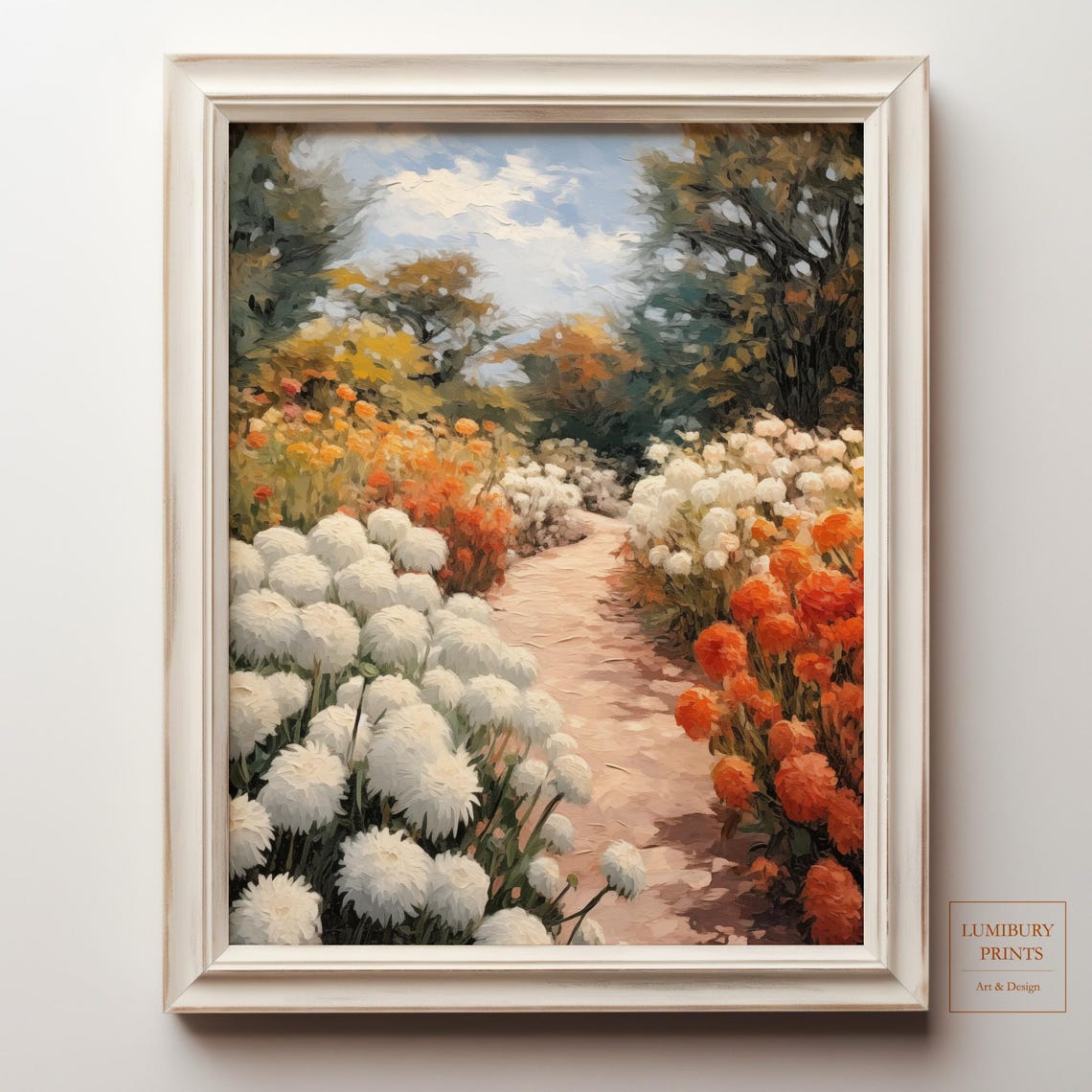White Orange Chrysanthemum Flowerbed Garden Path Autumn Poster
