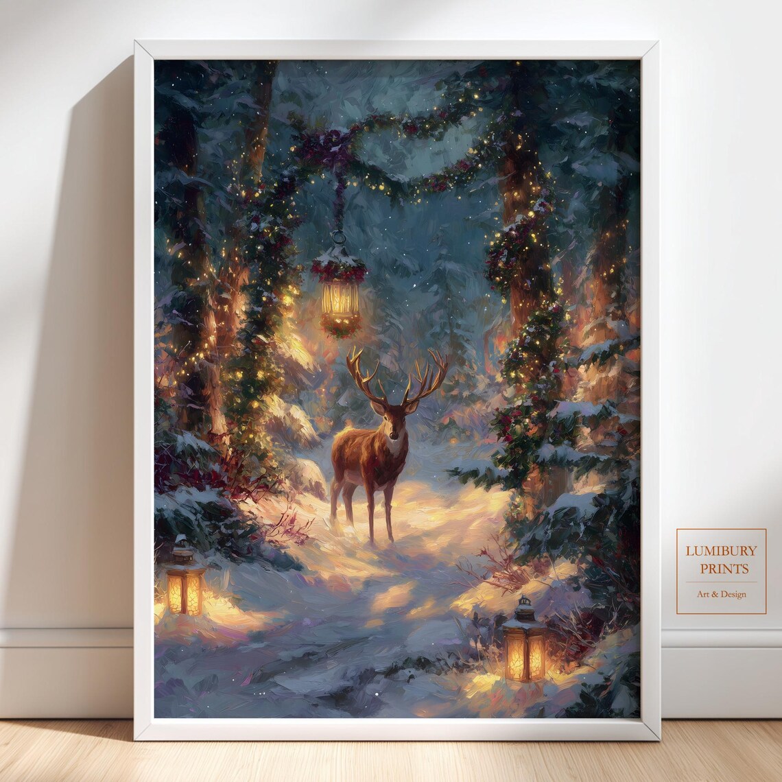 Christmas Stag Snowy Forest Lanterns Holiday Painting Poster