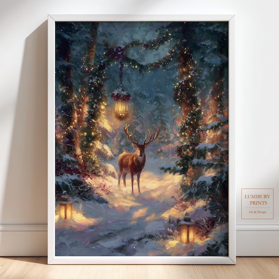Christmas Stag Snowy Forest Lanterns Holiday Painting Poster