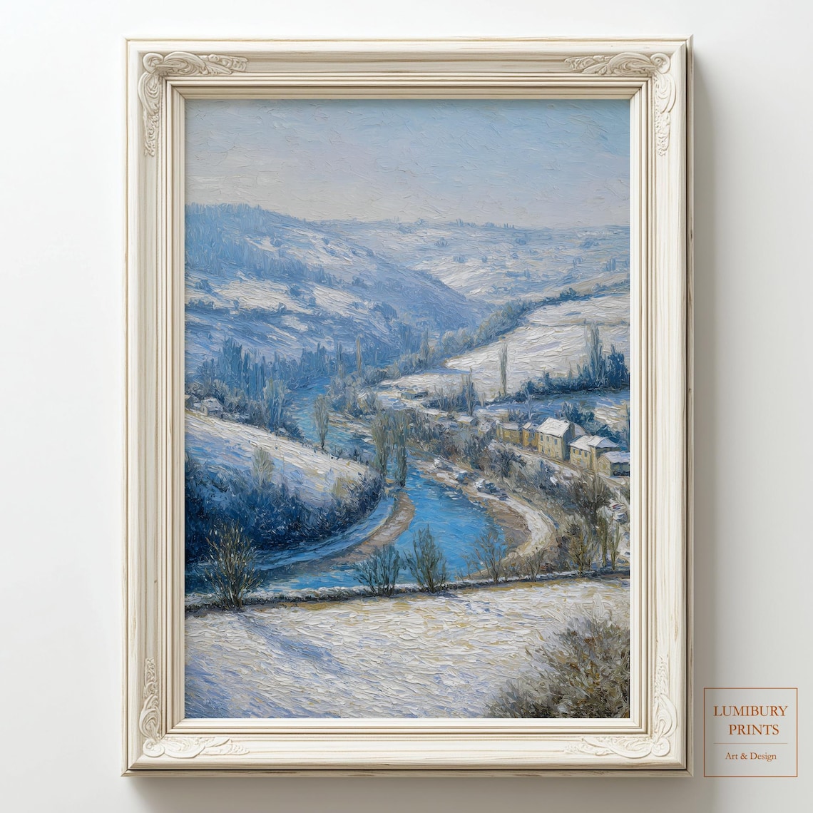 Snowy Mountain Village River Winter Oil Painting Style Poster Cabin Art