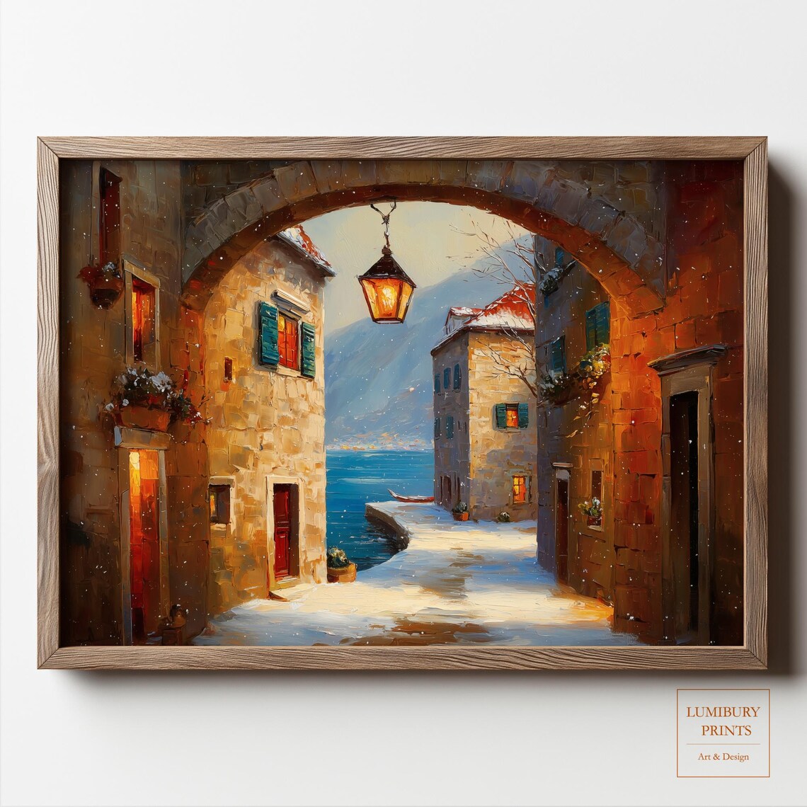 Snowy Winter Village Street Stone Arch Harbor Lantern Oil Art Poster