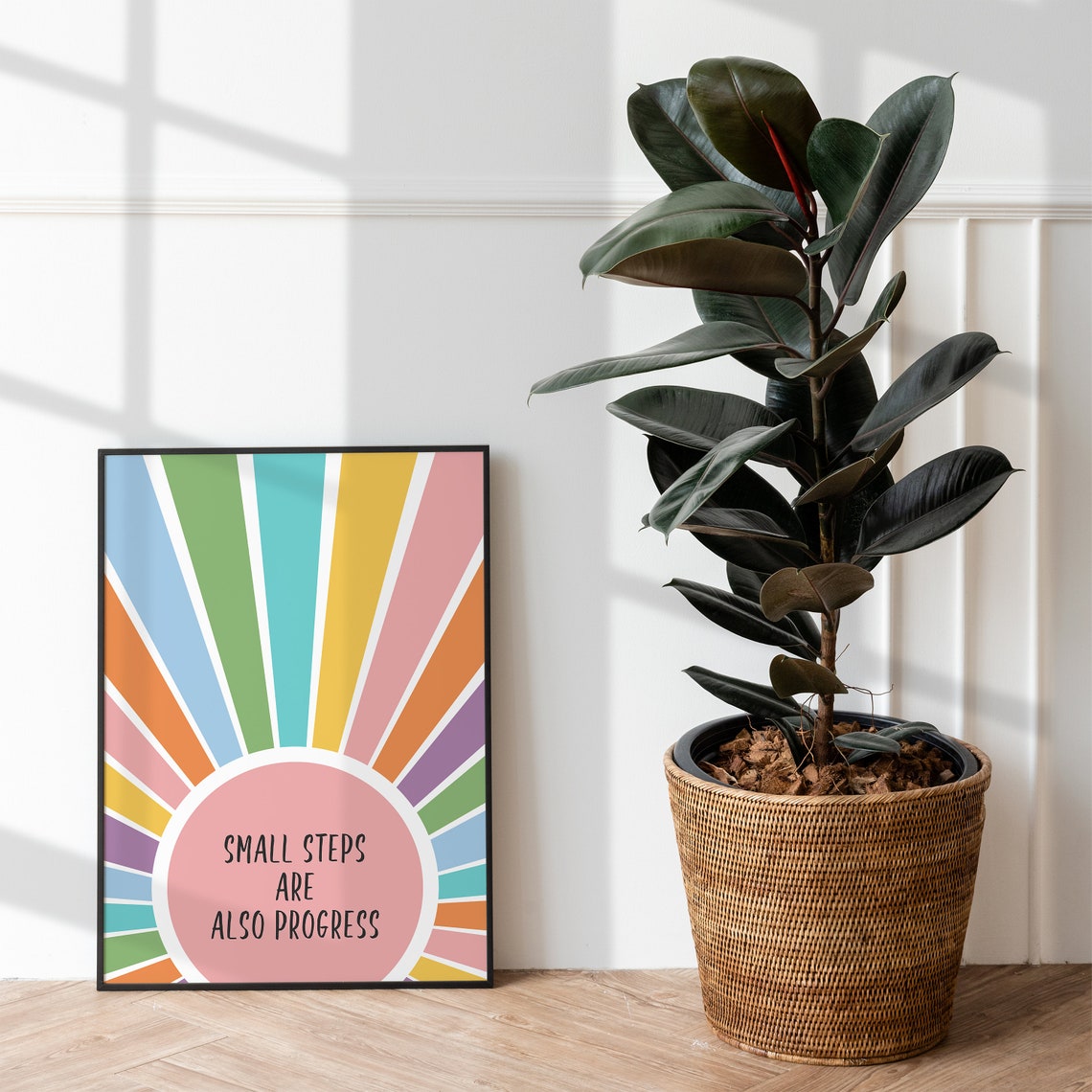 Small Steps Are Also Progress Pastel Rainbow Sunburst Quote Poster