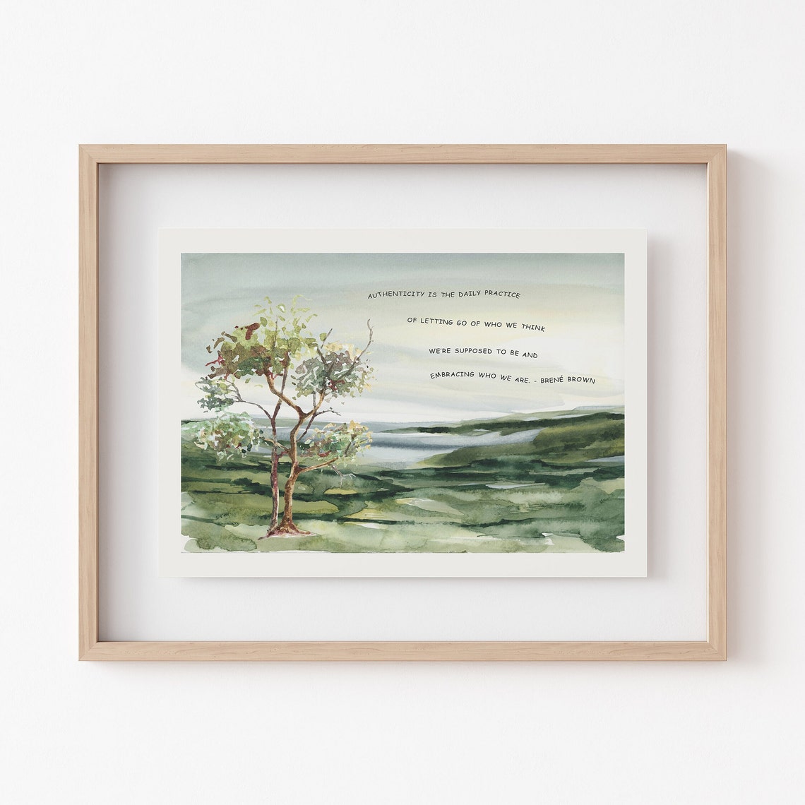 Brene Brown Authenticity Quote Watercolor Hillside Tree Poster - Image 2