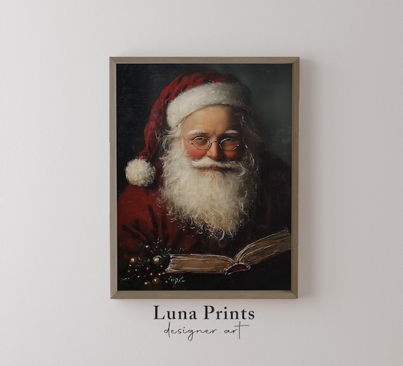 Vintage Santa Reading Book Red Coat Glasses Christmas Portrait Poster