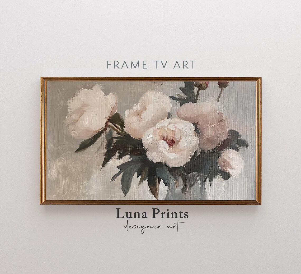 Muted White Peony Blossom Oil Painting Vintage Floral Poster