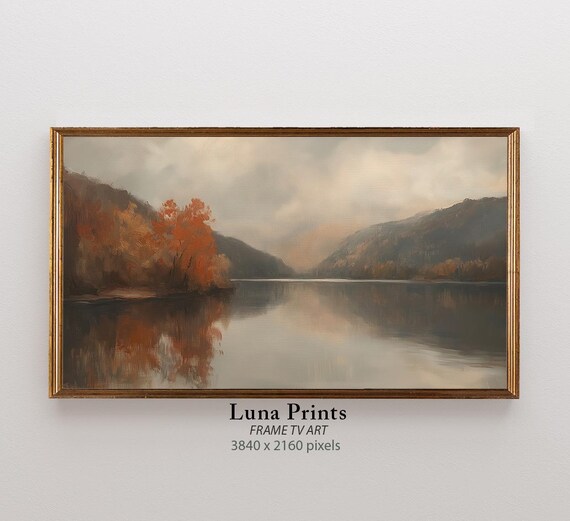 Fall Mountain Landscape Art Print, Lake Scene Rustic