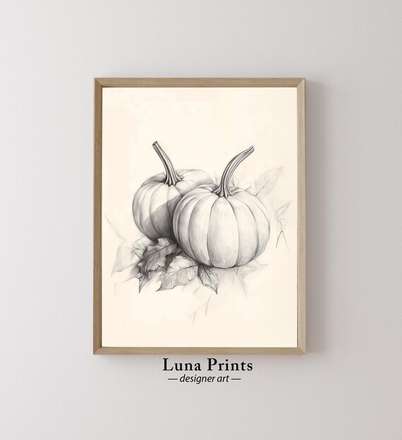 Pencil Sketch of Two Pumpkins Fall Autumn Botanical Wall Art