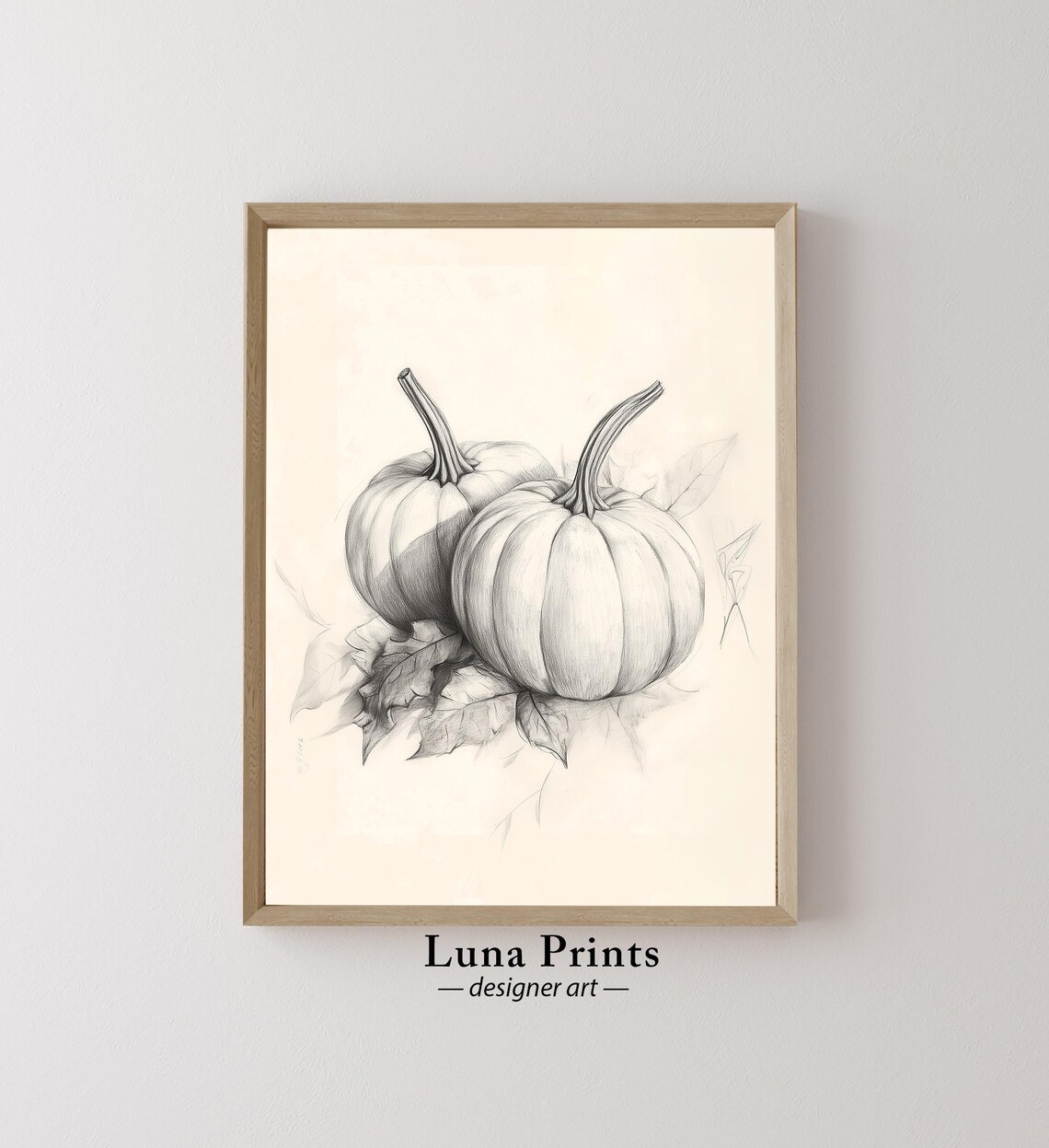 Pencil Sketch of Two Pumpkins Fall Autumn Botanical Wall Art