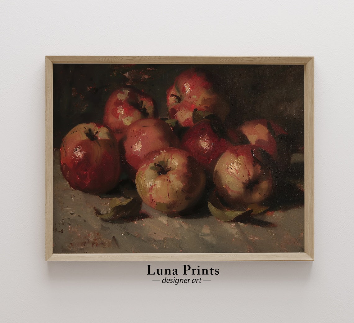Red Apples Dark Moody Still Life Oil Painting Fruit Wall Art