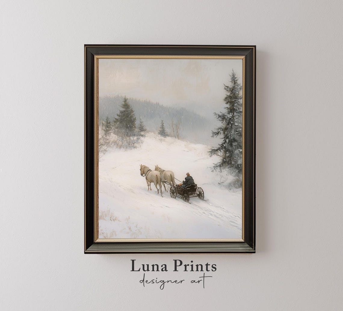Horse Drawn Sleigh Snowy Winter Road Misty Hills Vintage Poster