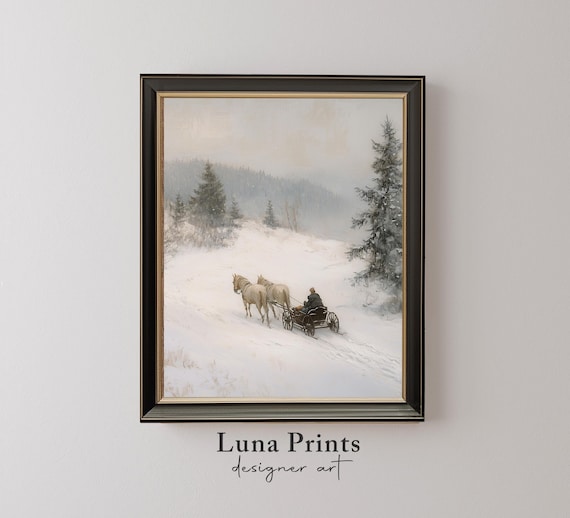 Horse Drawn Sleigh Snowy Winter Road Misty Hills Vintage Poster