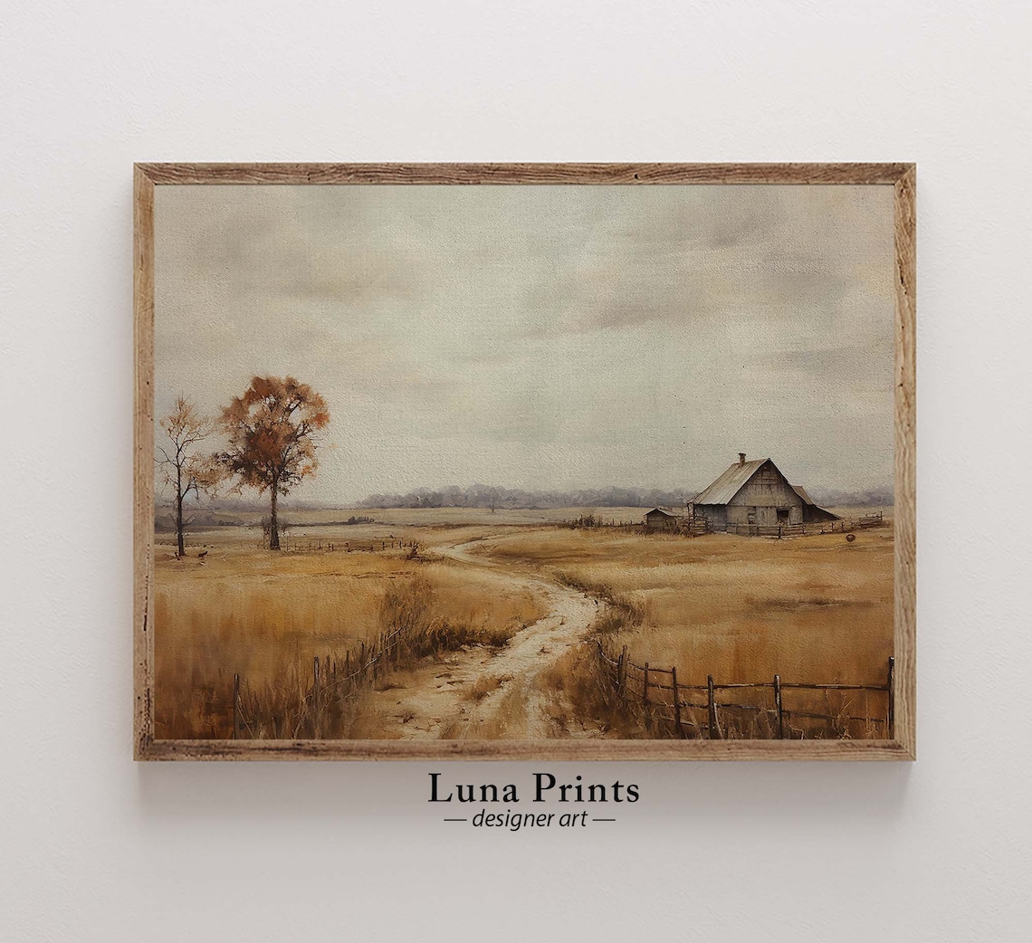 Rustic Barn Country Road Autumn Landscape Vintage Art Poster