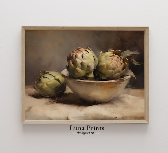 Artichokes Painting Art Print, Moody Kitchen Still Life