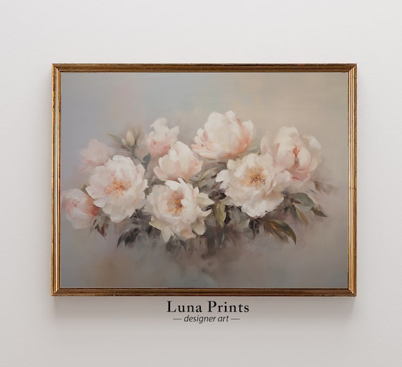 Blush Pink Peonies Soft Vintage Floral Bouquet Painting Wall Art