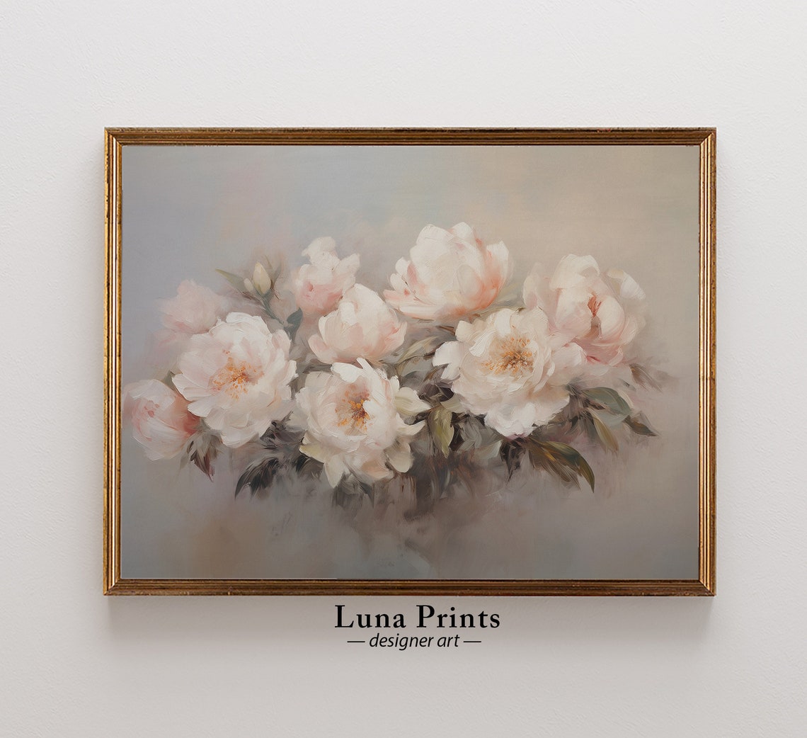 Blush Pink Peonies Soft Vintage Floral Bouquet Painting Wall Art