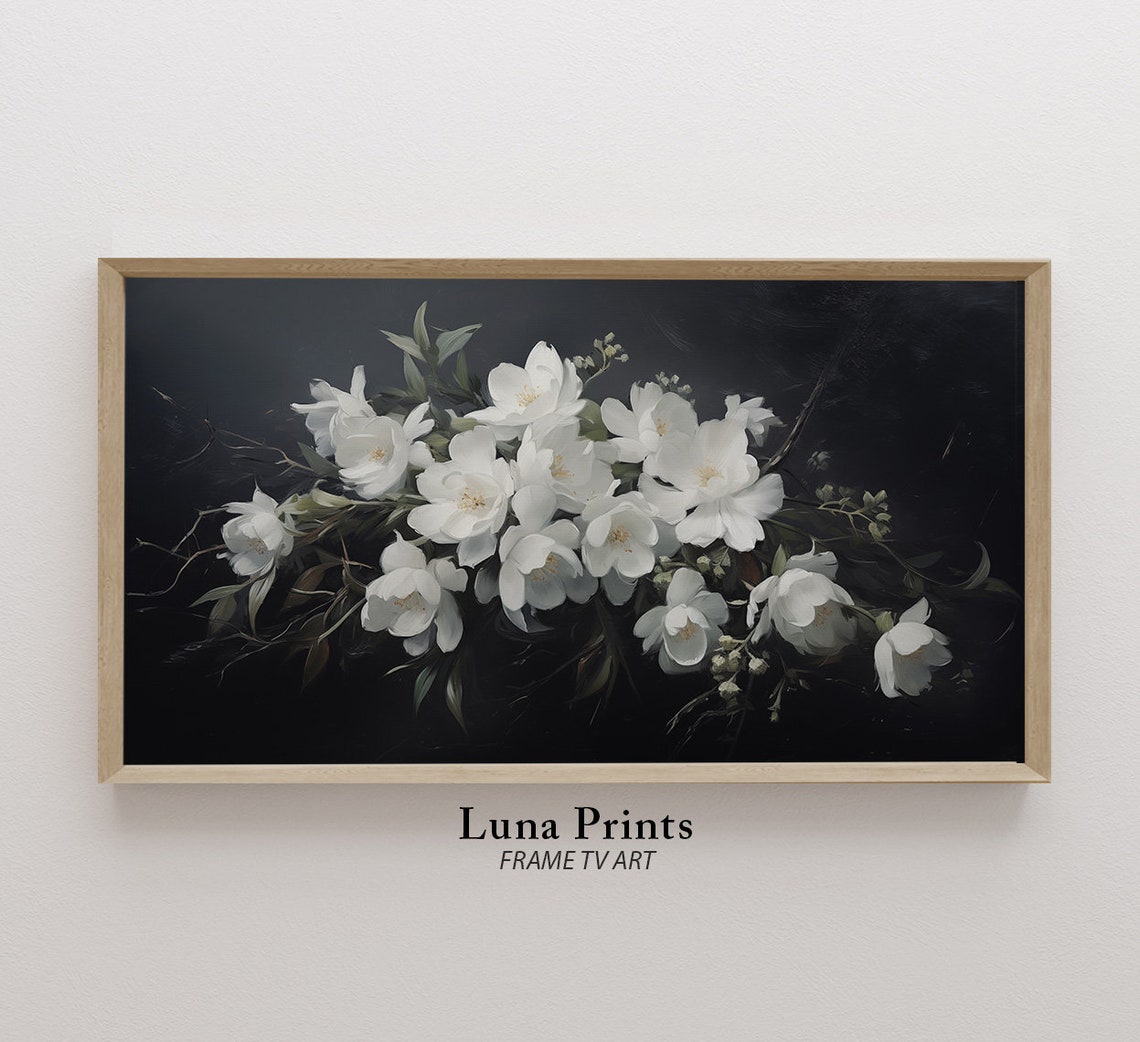White Blossoms on Black Moody Dark Floral Oil Painting Poster