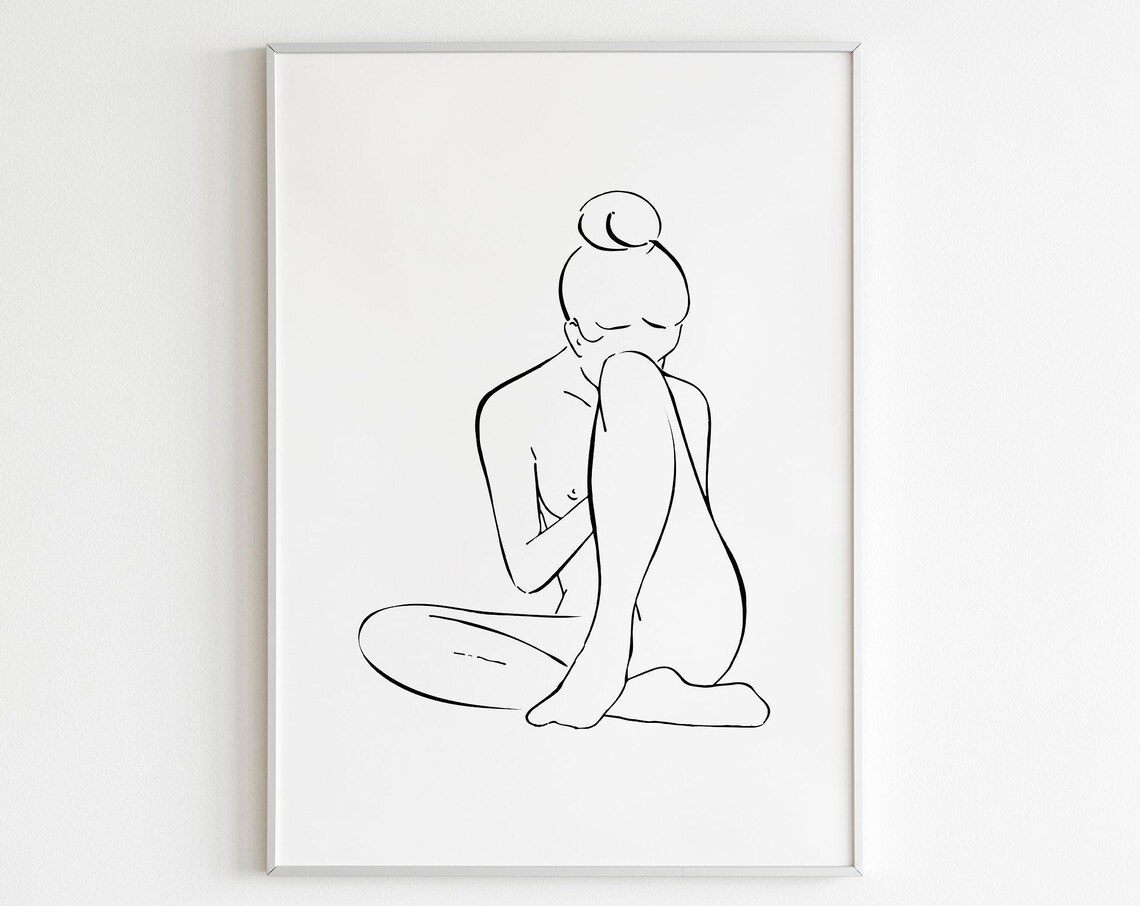 Seated Nude Woman Fine Line Drawing Minimalist Female Figure Wall Art