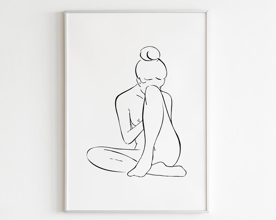 Seated Nude Woman Fine Line Drawing Minimalist Female Figure Wall Art
