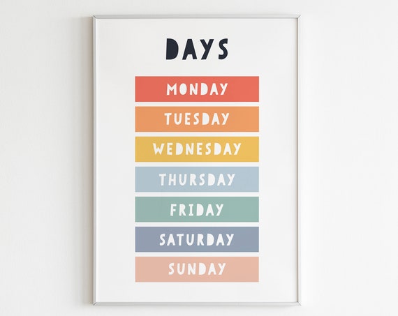 Educational Wall Art Days Of The Week Poster Boho Numbers Classroom Print Kids Room Print Baby Room Art Children Kids Wall Art