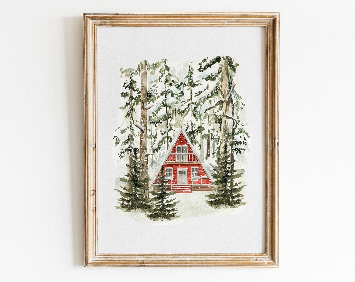 Red Cabin A Frame Snowy Pine Forest Watercolor Winter Woods Print