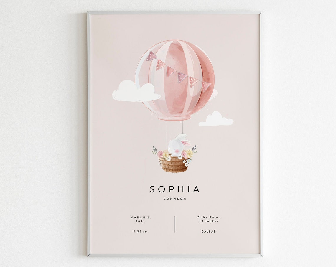 Personalized Bunny Hot Air Balloon Birth Stats Nursery Poster