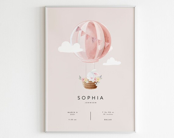 Personalized Bunny Hot Air Balloon Birth Stats Nursery Poster