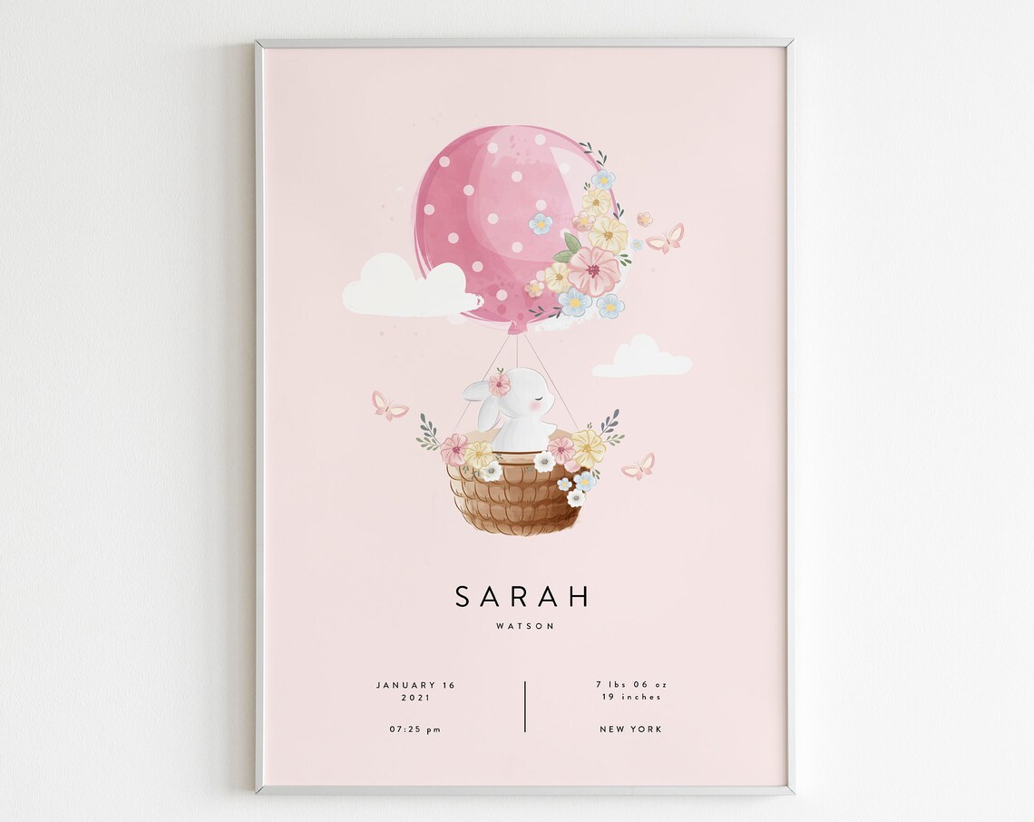 Bunny Pink Balloon Birth Stats Personalized Art Print