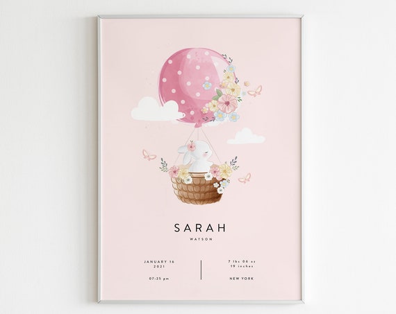 Bunny Pink Balloon Birth Stats Personalized Art Print