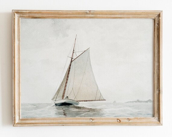 Vintage Sailboat Watercolor Neutral Sailing Ship Coastal Art Poster