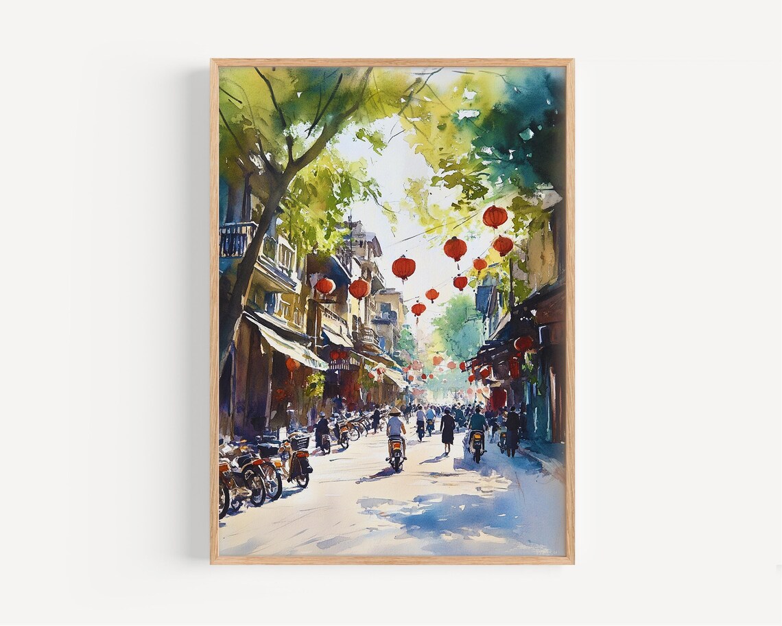 Hanoi Watercolor Painting Travel Poster, Vietnam