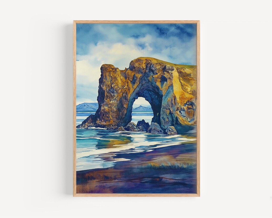 Elephant Rock Watercolor Travel Poster, Iceland
