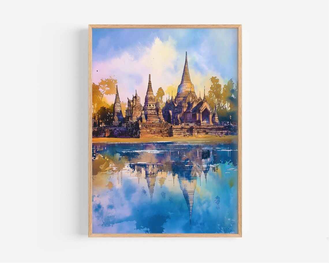 Sukhothai Thailand Temple Watercolor Ancient Chedis River Reflection Poster