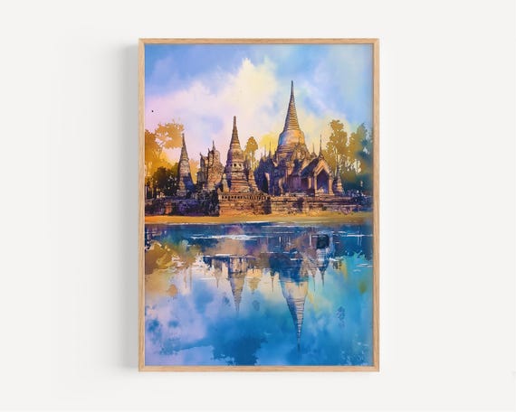 Sukhothai Watercolor Painting Wall Art Print Thai Poster Thailand Travel Decor Illustration Home