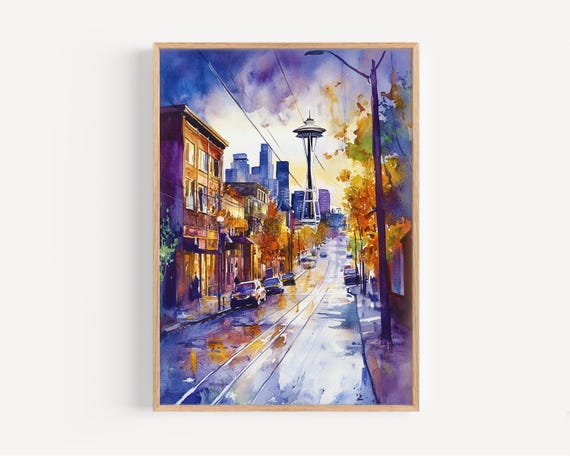 Seattle Watercolor Painting Wall Art Print Usa Poster Travel Decor Illustration Home America Artwork