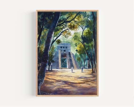 Chichen Itza Jungle Temple Watercolor Poster Ancient Maya Ruins