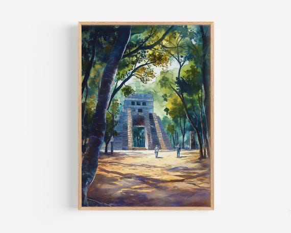Chichen Itza Watercolor Painting Wall Art Print Poster Travel Decor Illustration Home Mexican Artwork