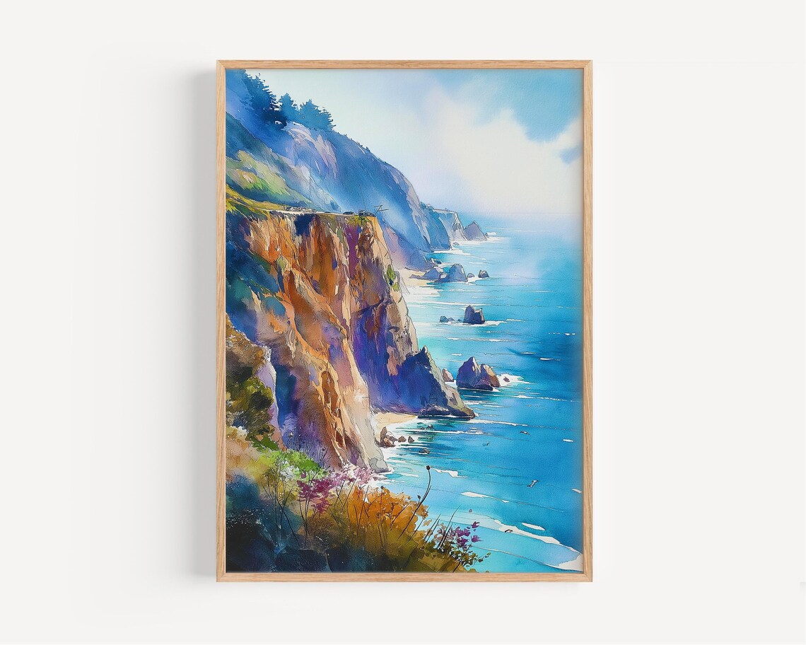 Dramatic Ocean Cliffs Watercolor Coastal Landscape Seascape Painting Print