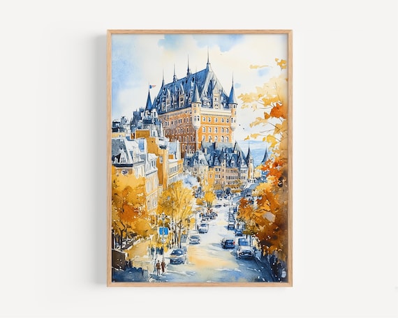 Quebec City Canada Chateau Frontenac Autumn Street Watercolor Poster