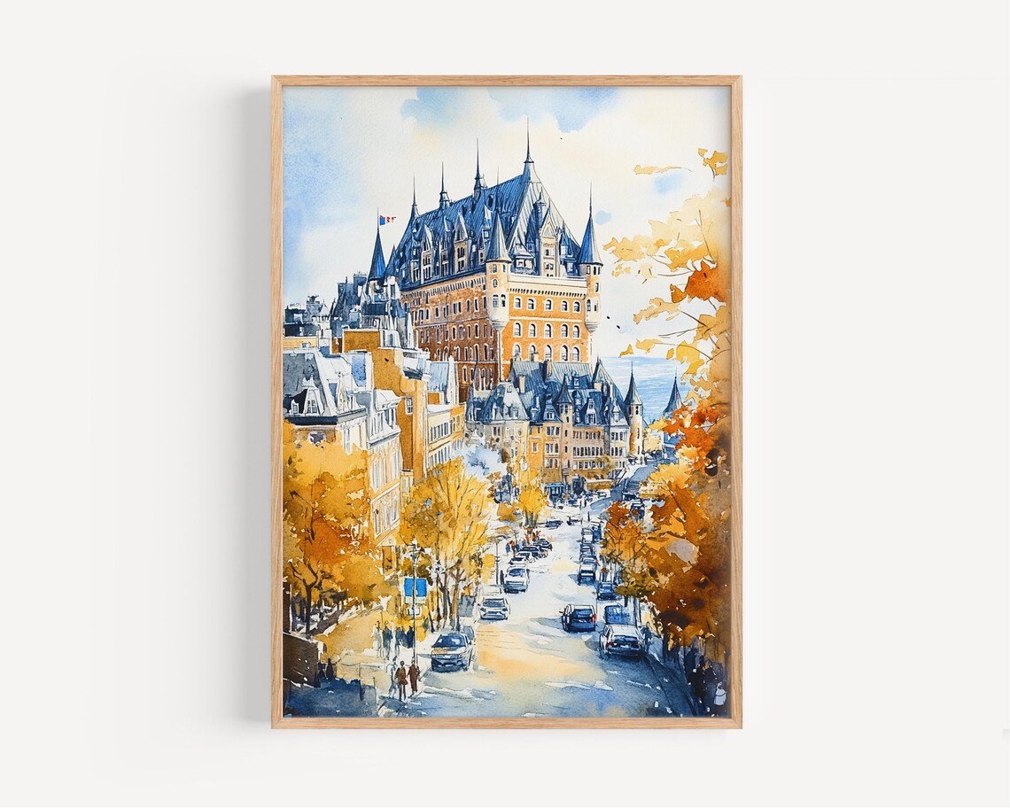 Quebec City Canada Chateau Frontenac Autumn Street Watercolor Poster